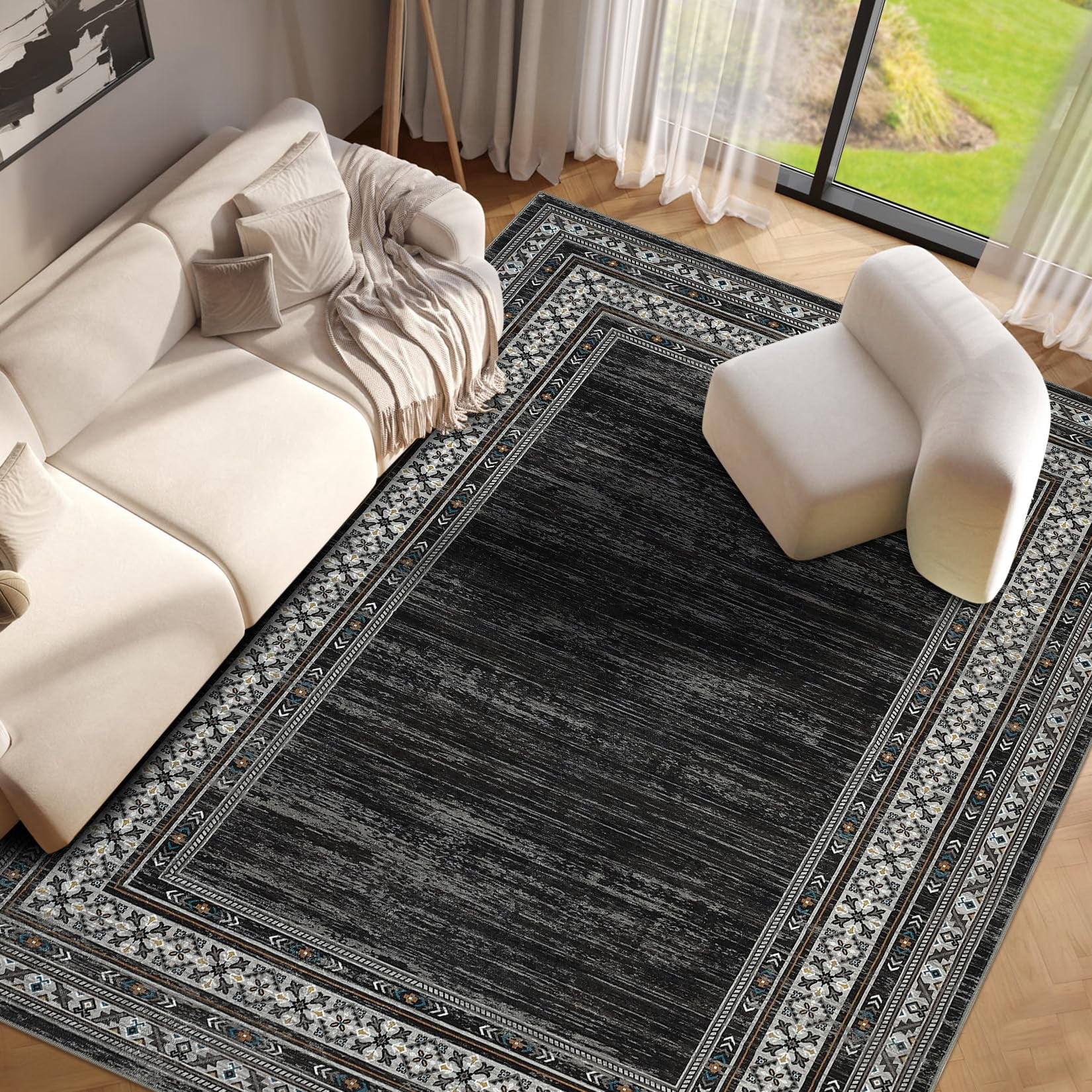 Washable 10x13 Area Rugs for Living Room, Soft Large Modern Bedroom Rugs, Ultra Thin Non Slip Accent Carpet for Dining Room, Low Pile Non Shedding Floor Cover Mat for Nursery Office, Black