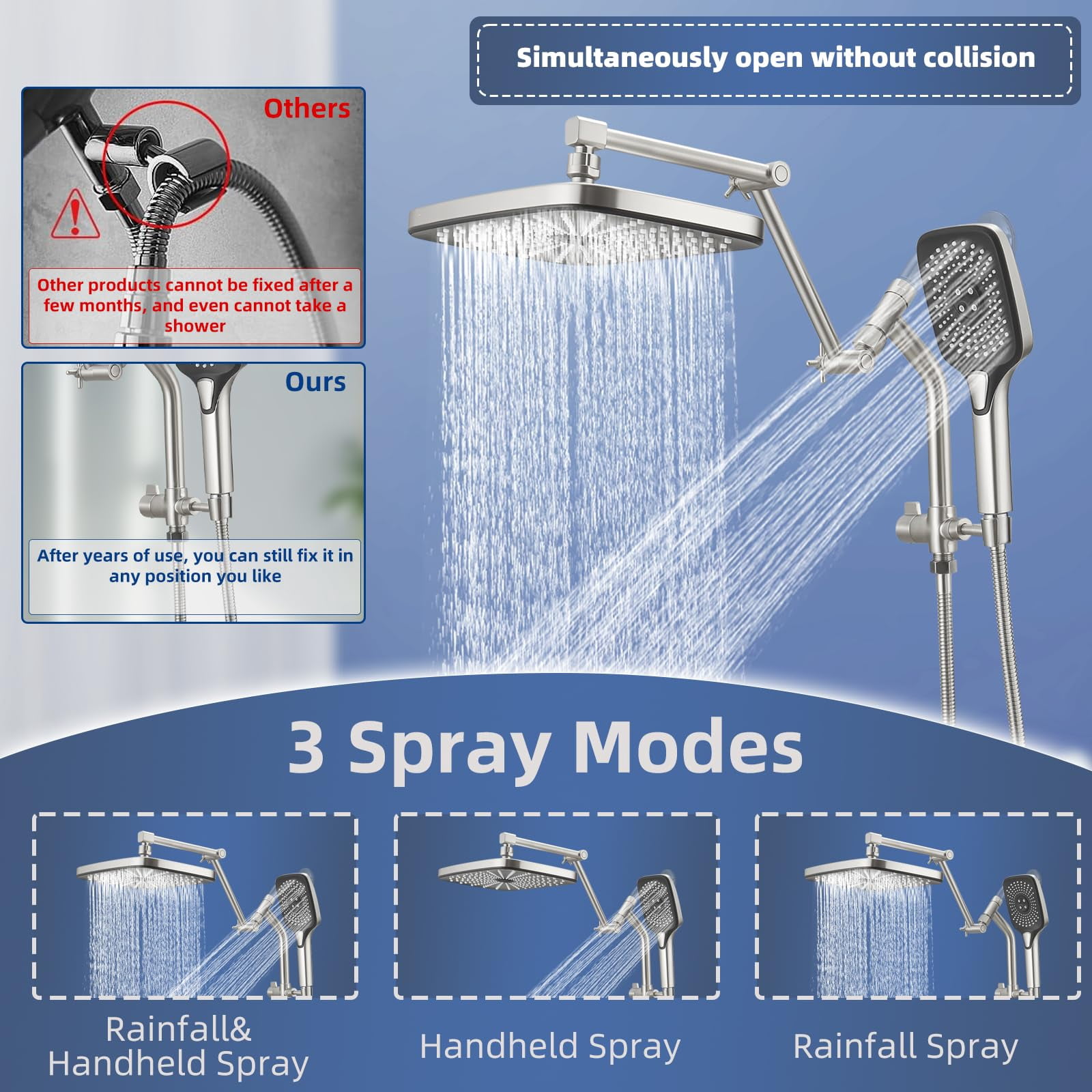 12" High Rain/rainfall Shower Heads With Handheld Spray Combo (3+1 Settings & Built-in Power Wash Mode)  Double/dual Head - Height/angle Adjustable(brushed Nickel)