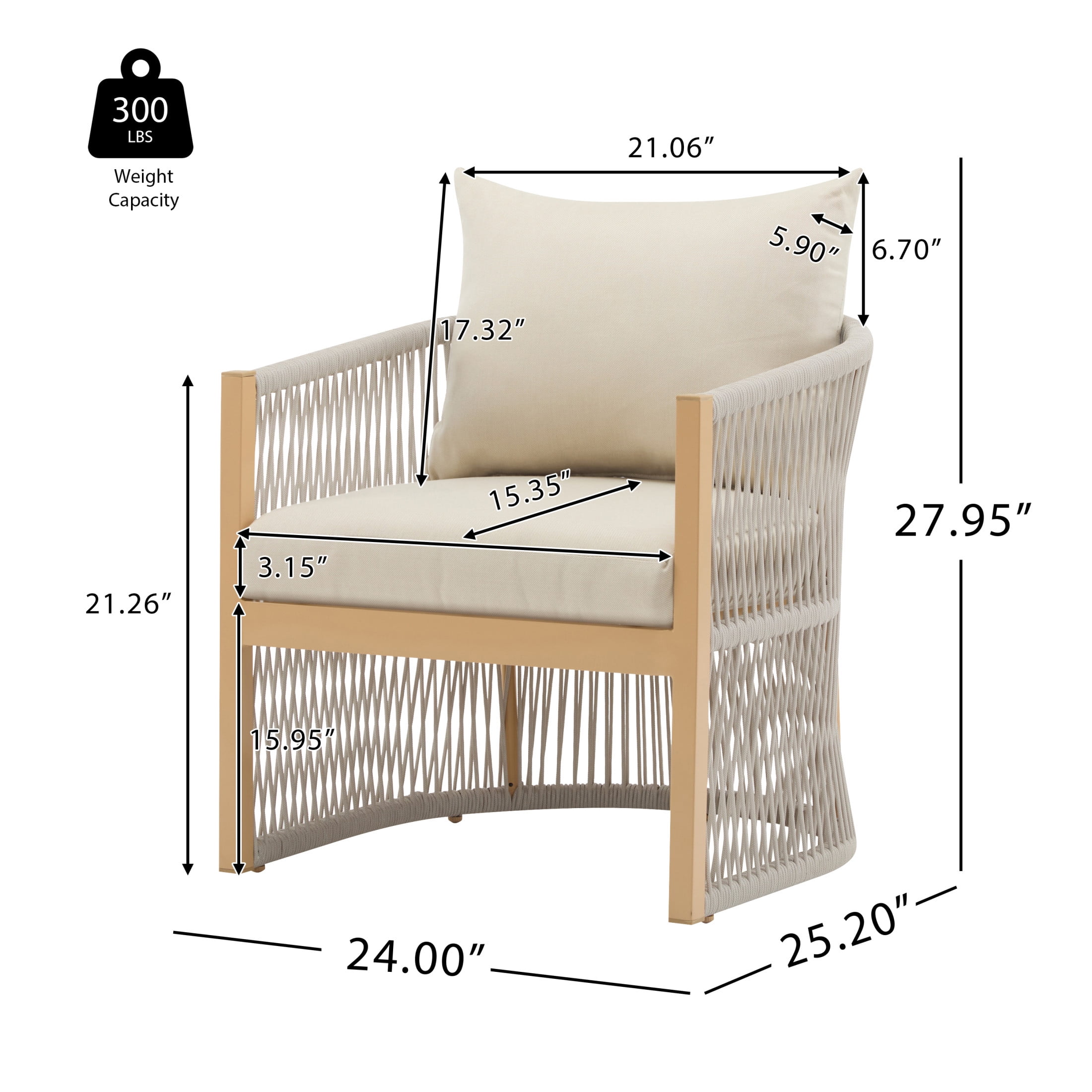 Knox Modern Outdoor Patio Rope-Weave Lounge Chair, Club Chair with Curved Frame, Aluminum Base, and Cushions, Beige