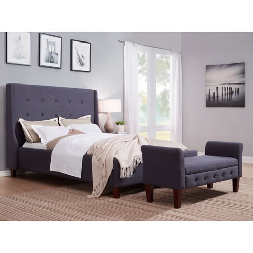 Upholstered Wingback Tweed Queen Bed, Grey