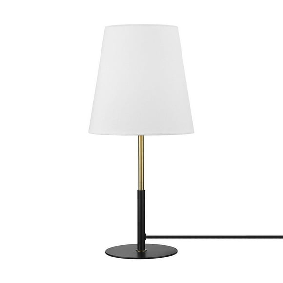 16" Matte Black Table Lamp with Brass Accents and White Linen Shade<br>