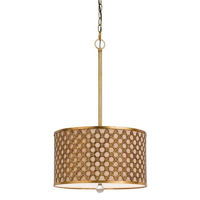 Benjara BM224895 Fabric & Metal Pendant with Geometric & Embossed Floral Design, Gold