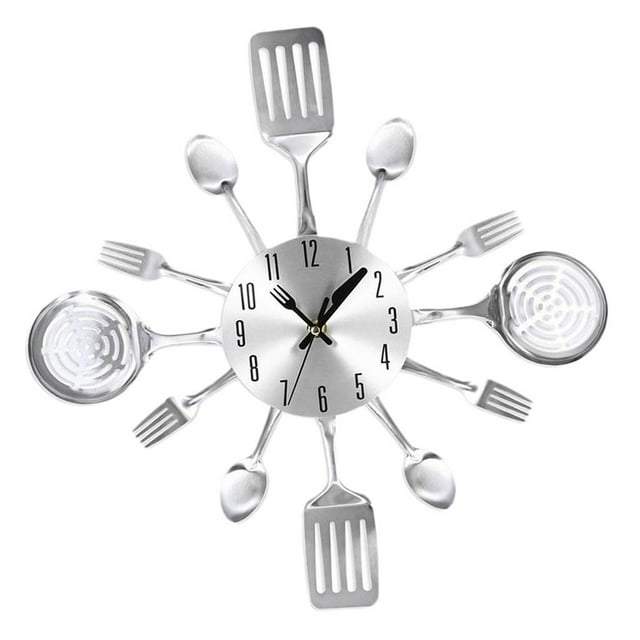 Reloj de pared hecho con tenedor. Reloj de pared. Decoración moderna para el hogar. Reloj de pared de estilo antiguo. Plateado
