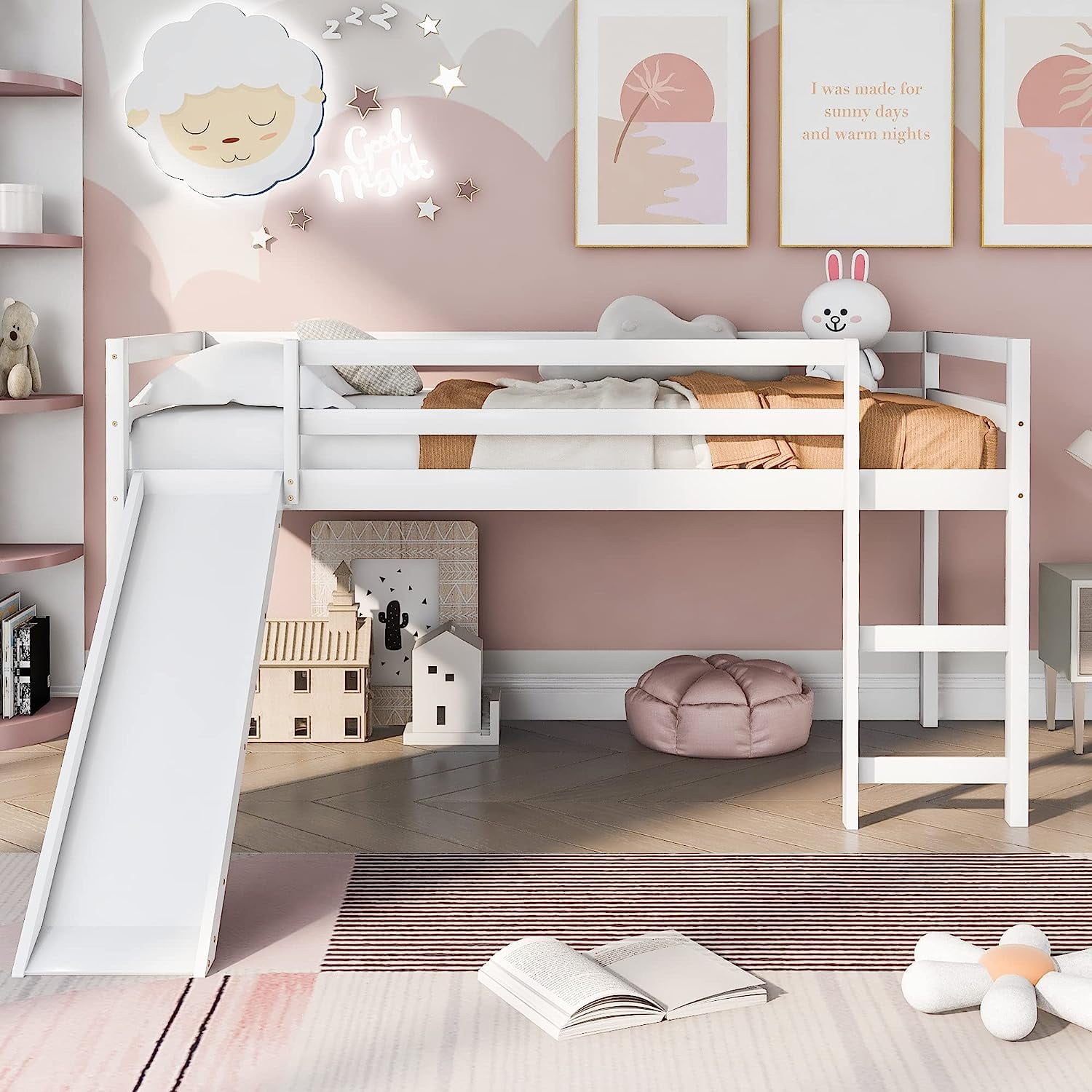 DEALTOPS Kids Family Pinewood Loft Bed with Slide and Ladder, White