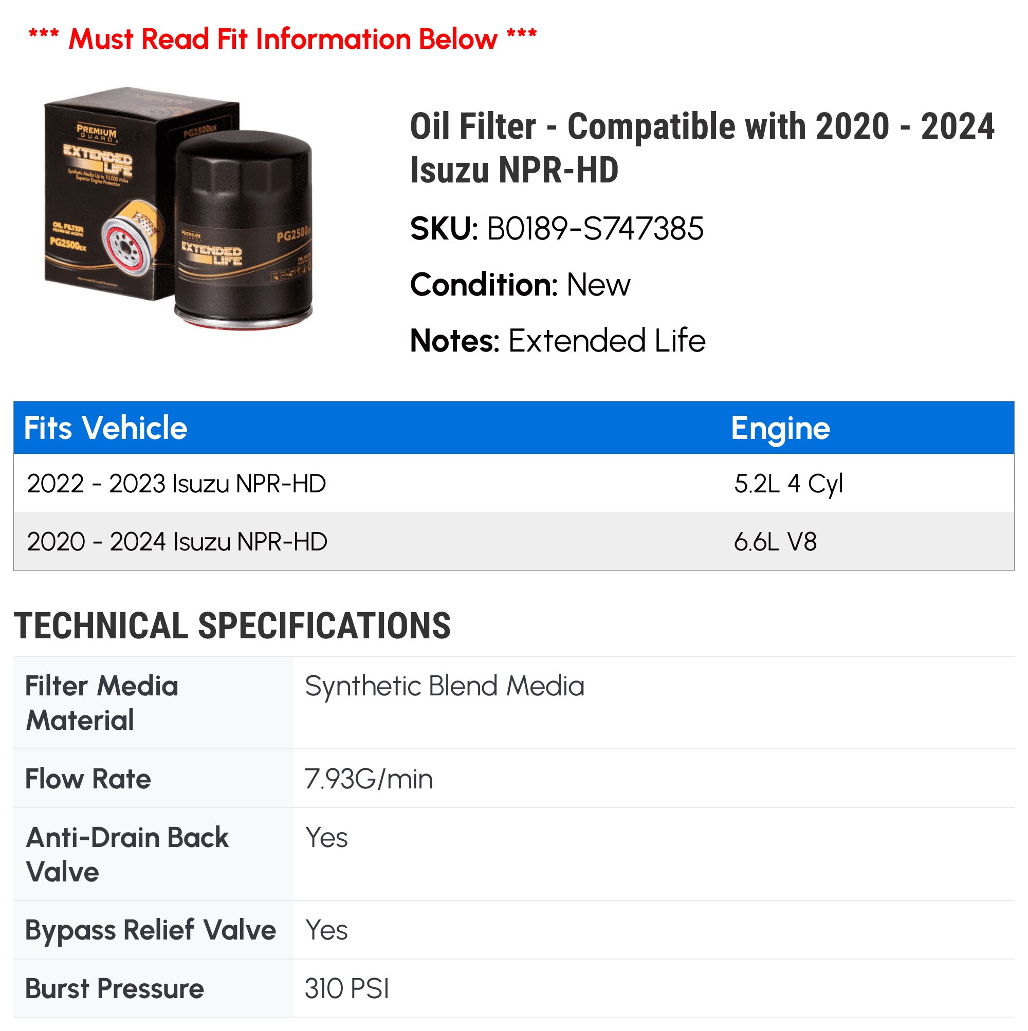 Oil Filter - Compatible with 2020 - 2024 Isuzu NPR-HD 2021 2022 2023