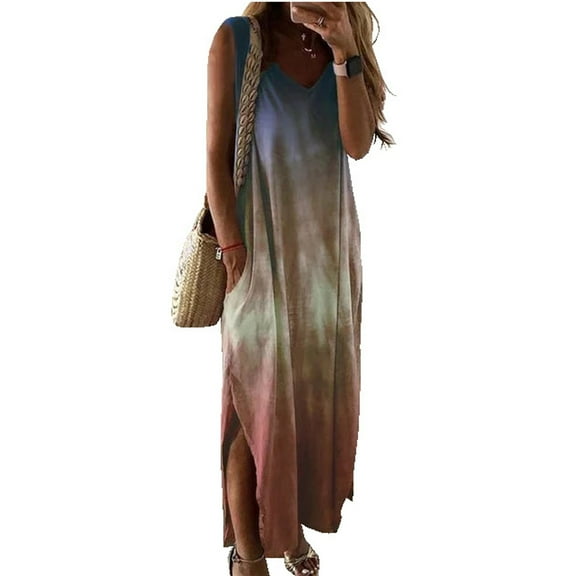 Aboser Womens Casual T-shirt Dresses V Neck Sleeveless Long Dress Tie Dye Maxi Dresses Summer Loose Fit Tank Dress with Pockets