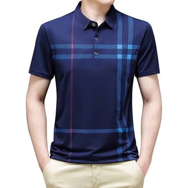 BOBOGOJP Men's V Neck Polo Shirts Casual Short Sleeve Plaid Collar Polo Shirt with Pockets (Navy,M)