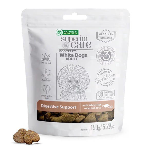 Nature's Protection Superior Care Dog Treats for Digestive, White Coat Dogs, White Fish & Rice, 5.29oz