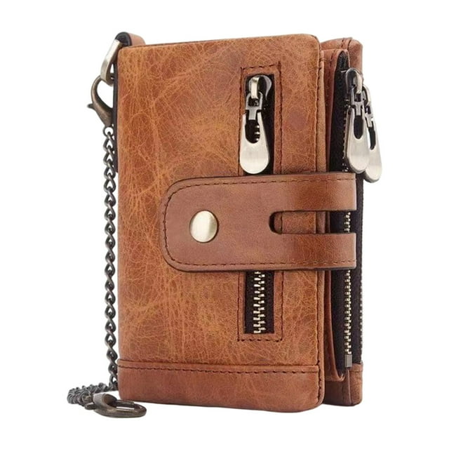 stanreset Mens Wallet Cowhide Leather Wallet Credit Card Holder motorcycle wallet chained RFID Bifold Brown