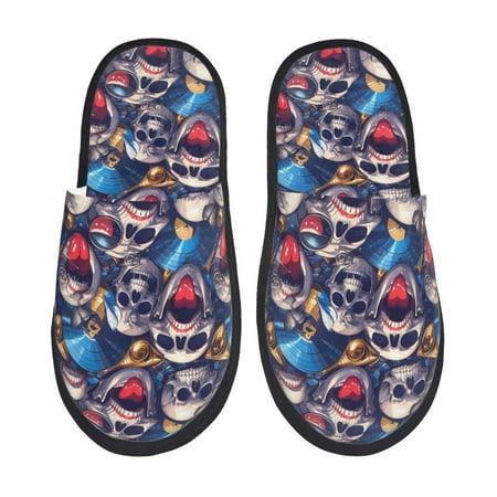 Balery rock Skull blue record Slient Indoor Furry Fleece Comfort House Shoes Soft Non-Slip Home Shoes Cotton slippers House Slippers-- Large