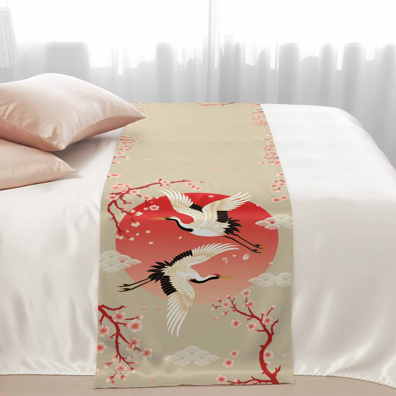 Pink Cherry Blossom Crane Bed Runner for Queen Size Bed, Japanese Style Cloud Harmony Soft Bedding Scarf Bedding Protector Slipcover Sofa Throw for Bedroom Hotel Guesthouse