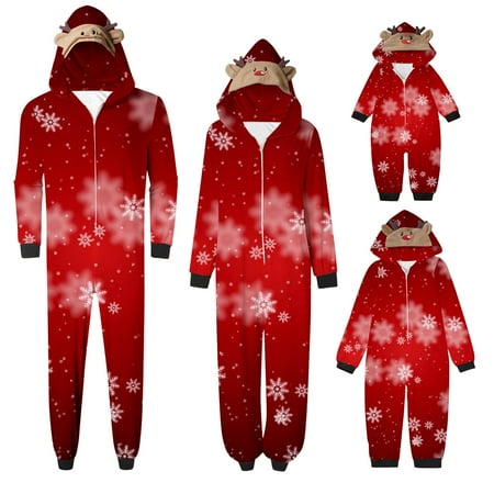 

Lovskoo 2024 Family Christmas Pajamas Matching Sets Onesie Printed Long Sleeve Hooded Pajamas Jumpsuit Parent-Child Warm Set Wear Baby Red
