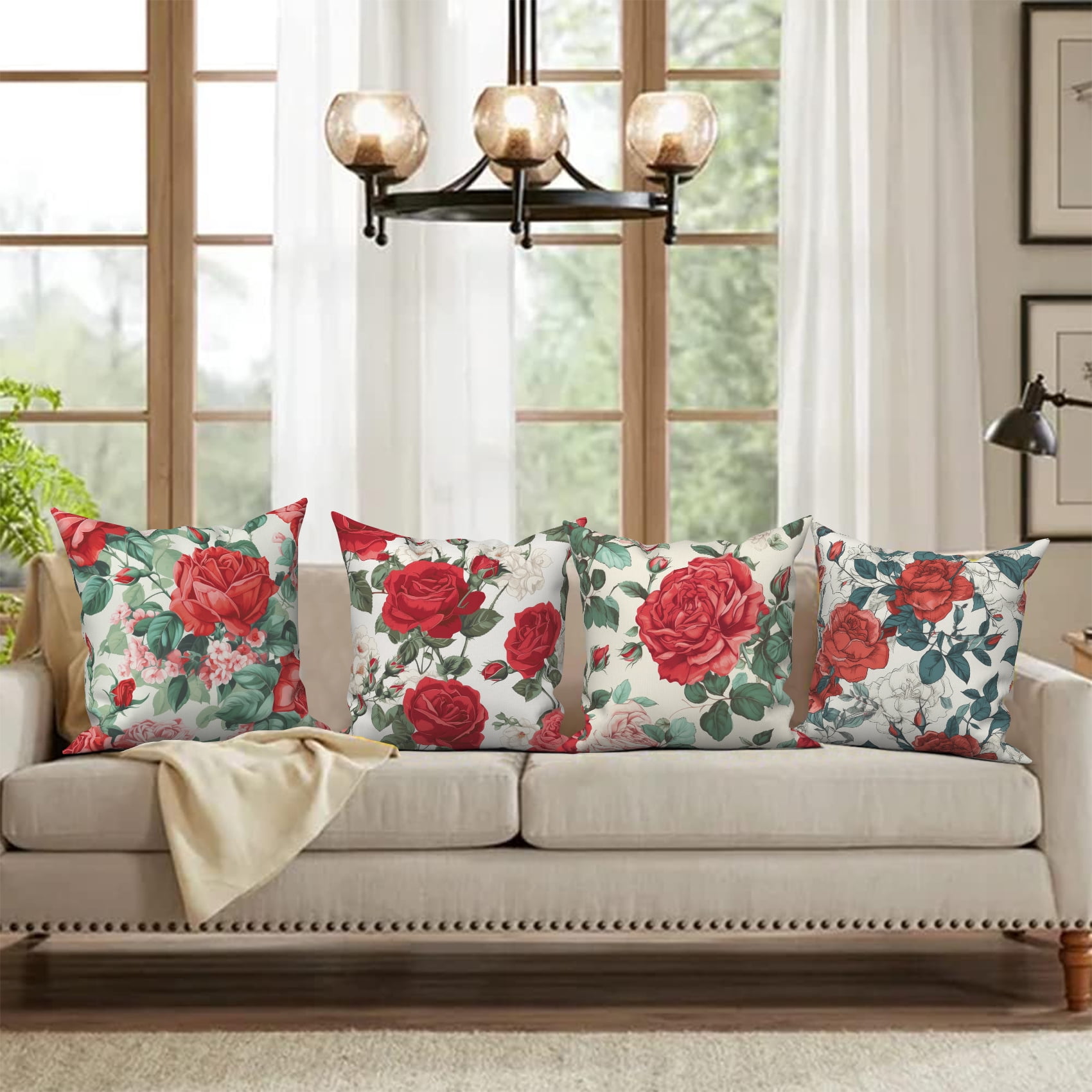 Pbobriich Red Romantic Roses Throw Pillow Covers Vintage Flower Bouquet Linen Square Pillowcases for Home Decor 16x16in,Set of 4