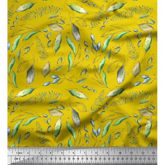 Soimoi Yellow Poly Georgette Fabric Artistic Leaves Print Fabric by Yard 42 Inch Wide