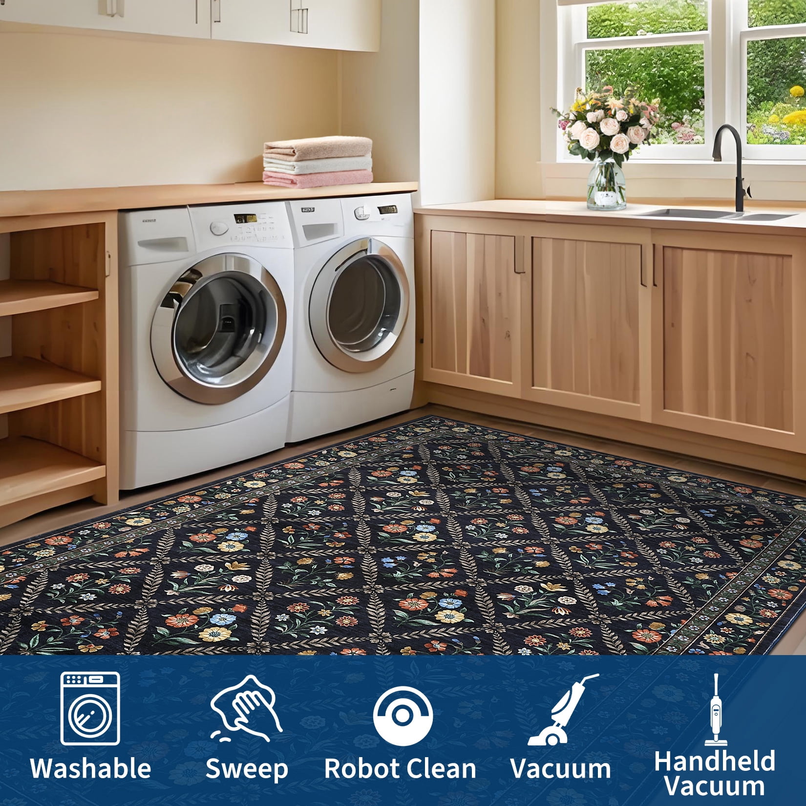 Senfot 8x10 Floral Print Area Rug Machine Washable Non-Slip Stain Resistant Low Pile Bordered Farmhouse Rug for Living Room Bedroom Home Office Blue