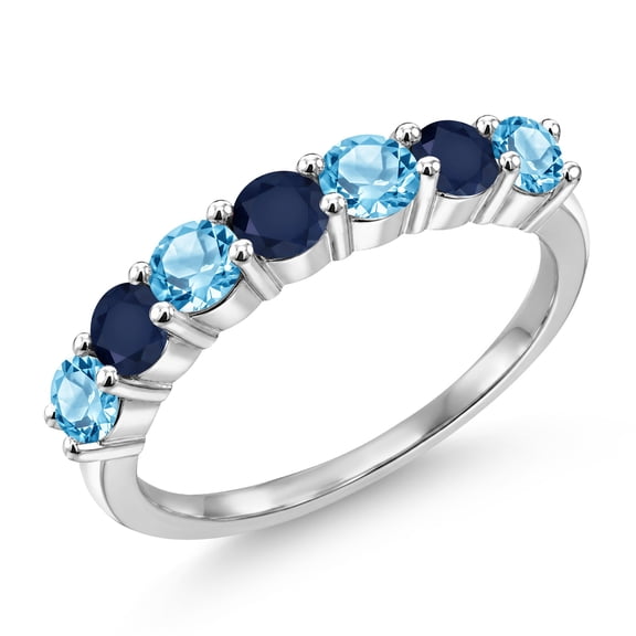 Gem Stone King 925 Sterling Silver Round Swiss Blue Topaz Blue Sapphire Anniversary Ring for Women (1.46 Cttw, Gemstone Birthstone, Size 7) (Size 7)