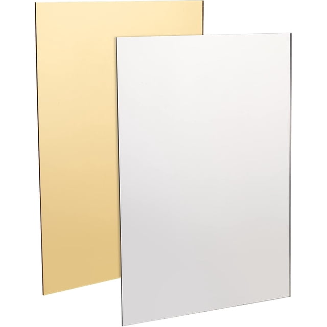 Paquete de 2 láminas de espejo acrílico de 3 mm (1/8") de grosor con laminación dorada y plateada. Paneles de lámina acrílica para proyectos de manualidades y letreros de 7,9" x 11,8".