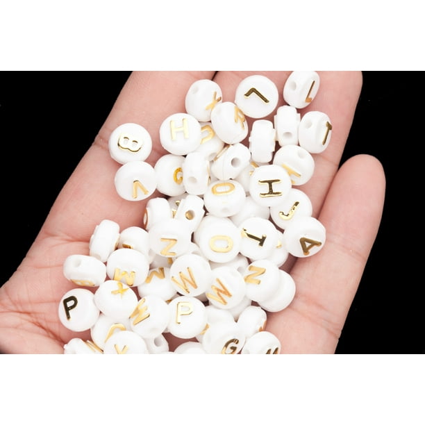 White Acrylic Alphabet Beads Gold Letter Round 7x7mm