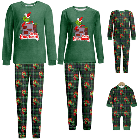 

Matching Family Christmas Pajamas Sets The Grinch Plaid Printed Sizes Baby-Kids-Adult-Pet 2 Pieces Top and Pants Bodysuits Pajamas Sets
