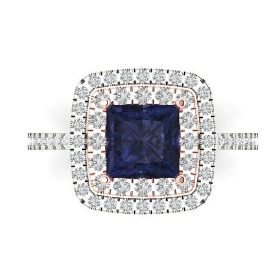 Halo Engagement Ring for Women - 2.07ct Simulated Blue Sapphire in 18K White/Rose Gold Promise Ring
