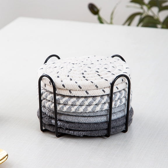 8-Piece Cotton Rope Woven Pot Holders | 4.3-Inch Round Heat Resistant Trivet Mats for Kitchen Table & Dining | Thickened Insulation Pads with Storage Rack