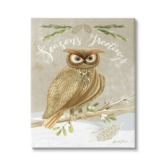 Season's Greetings Winter Snowscape Owl Perched Pinecones Animals & Insects Graphic Art Gallery-Wrapped Canvas Print Wall Art