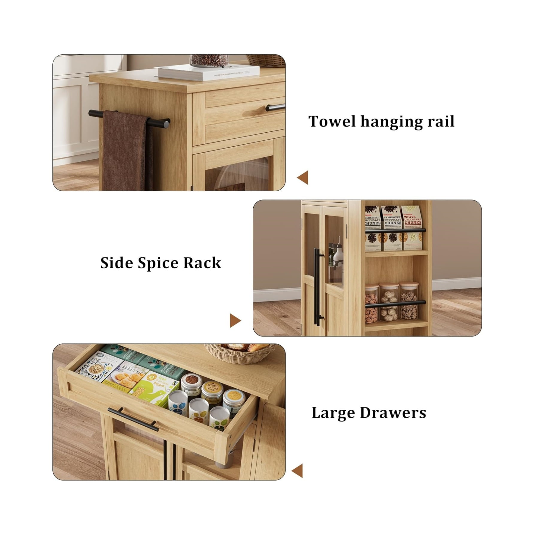 Rolling Wooden Kitchen Island with Drawer, Home Kitchen Cart with Storage Cabinet on Wheels, Thicker Wooden Top Portable Trolley Island with 3 Spice Rack for Kitchen, Dining Room