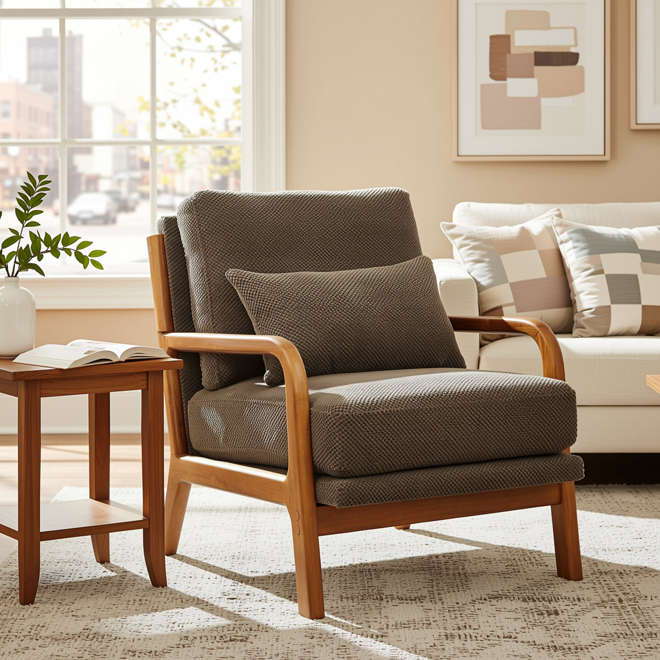 Homy Casa Mid-Century Modern Accent Chair, Nubby Upholstered Armchair with Solid Wood Frame, Brown