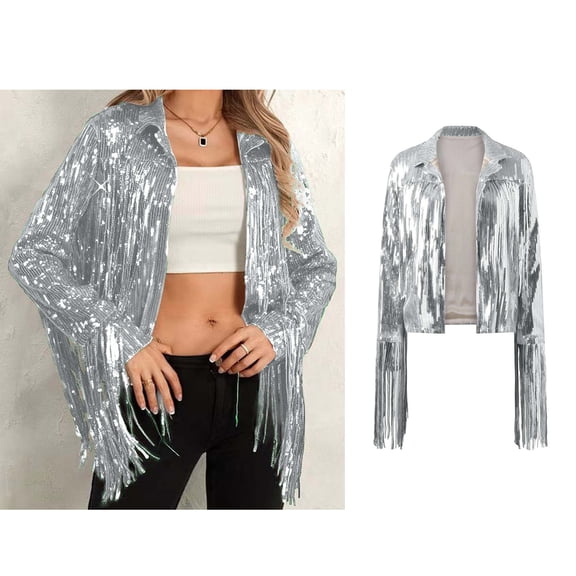 Women Silver Fringe Jacket Long Sleeve Sequin Fringe Jacket Plus Size Holiday Tops