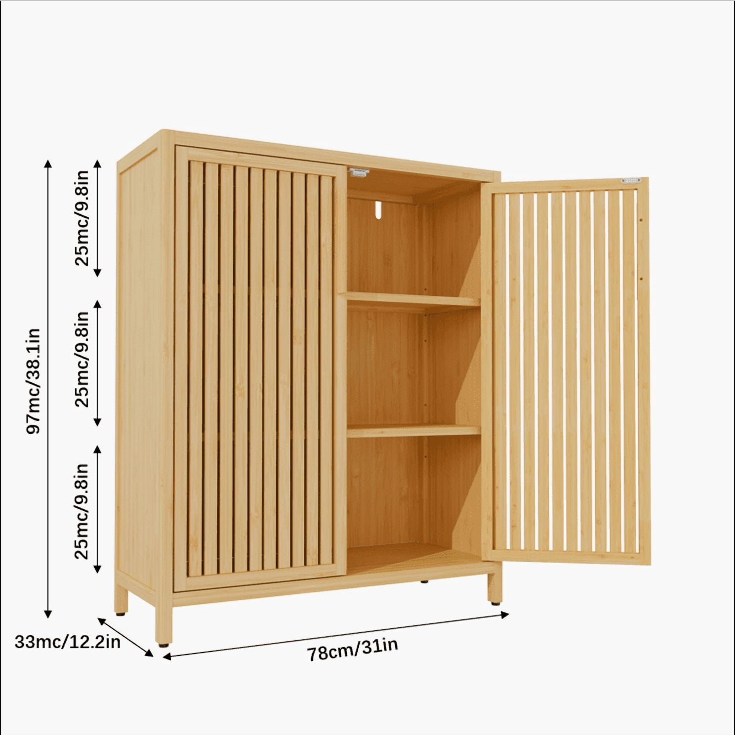 Yoneston Bamboo Storage Cabinet with Doors, Home Office 3-Tier Shoe Rack Shelves for Entryway, Bathroom, Living Room Natural