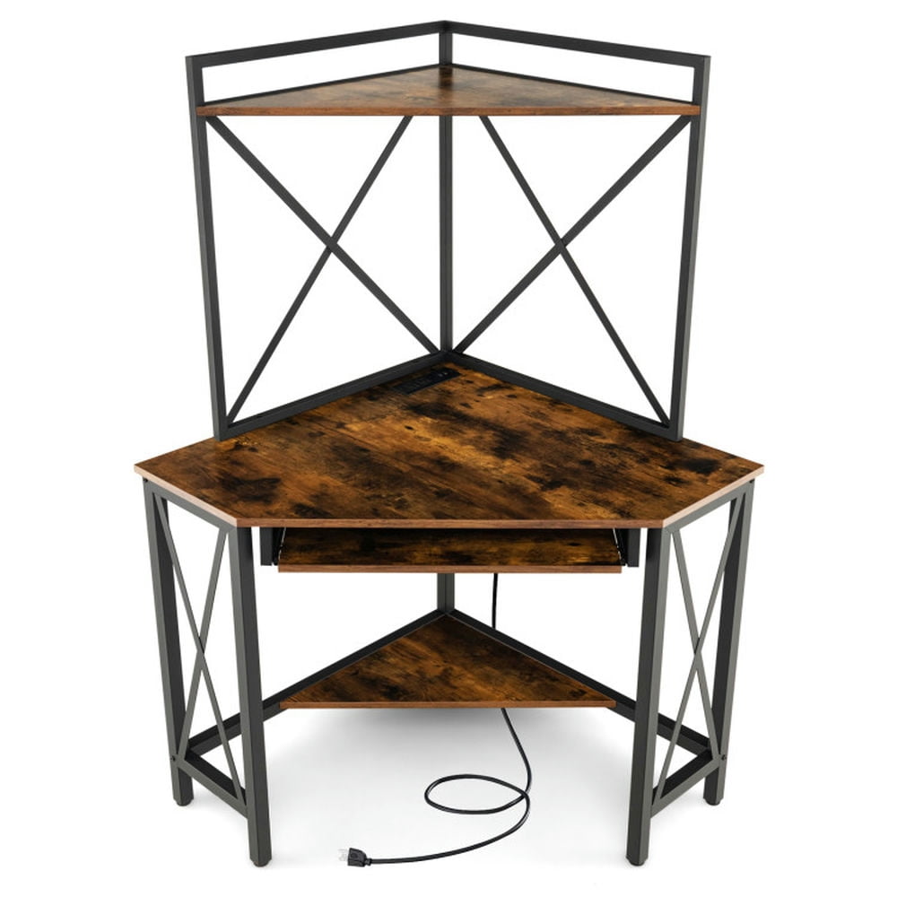 Demi Bonn Space-Saving Corner Computer Desk with with Hutch and Keyboard Tray, Small Home Office Desk Study Writing Table, Brown