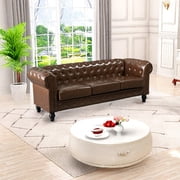 Chesterfield 3-Seater Faux Leather Button Tufted Sofa Couch with Rolled Arms Solid Wood Legs