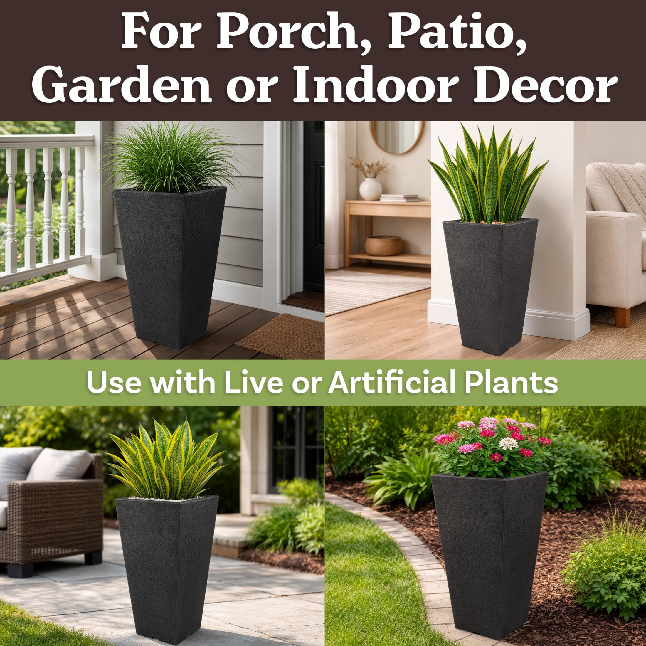Pure Garden Large Outdoor Planters 2-Pack - 22.4” Tall Planters for Outdoor Plants or Indoors, Gray