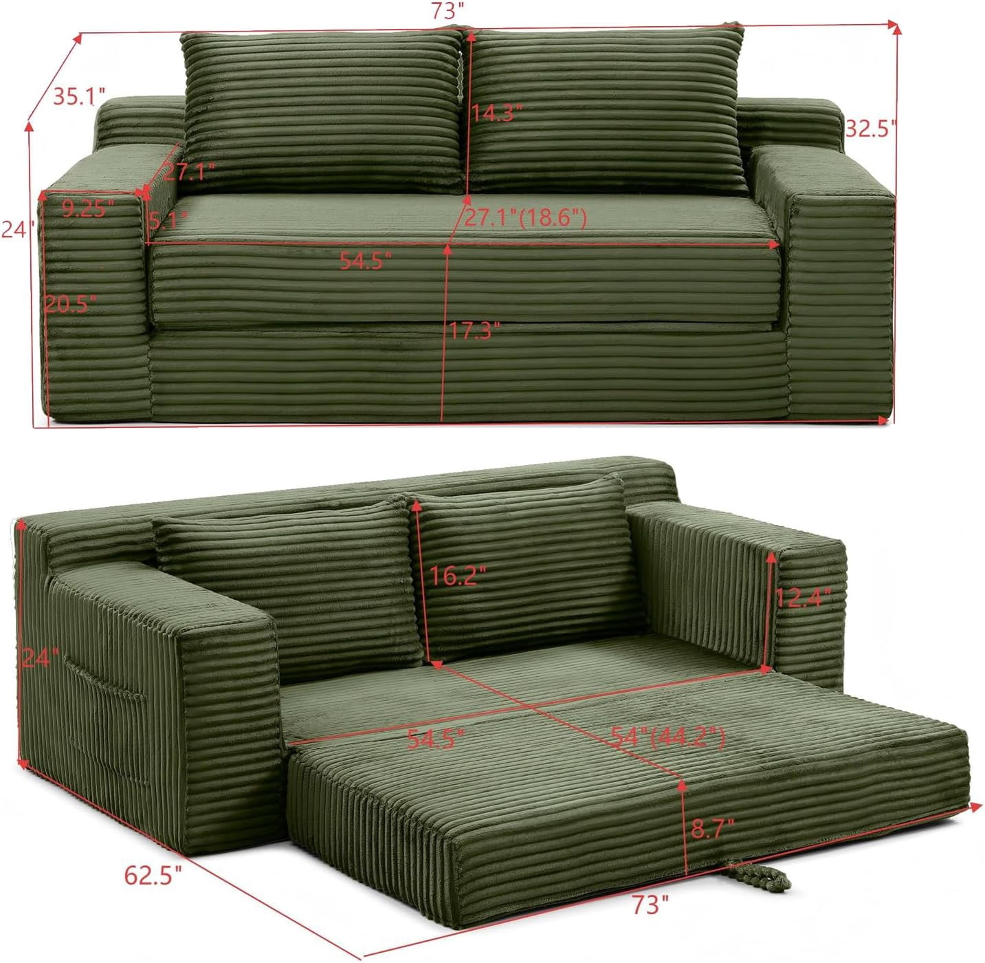 73" 2-in-1 Convertible Sofa Bed, Memory Foam Corduroy Loveseat, No Assembly, Green