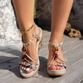 thumbnail image 2 of Rokment Boho Beach Platform Dress Sandals for Women with Flower Wedges Ethnic Breathable Linen Sole Glitter Gemstones Open Toe Stretchy Ankle Strap Chunky High Heels Summer Shoes Red Size 7, 2 of 6