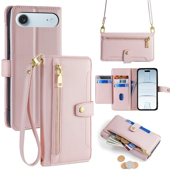 Allytechgroup for iPhone Air Wallet Case, Large Space Cards Slots Zipper Pocket Shoulder Strap Kickstand Shockproof Wallet Phone Case Full Body Cover Bumper for iPhone Air, Pink