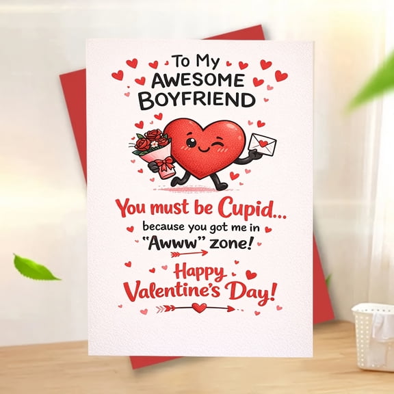Valentine's Day Card for Boyfriend – Cute Heart Design with Cupid Theme – Blank Inside for Personal Messages – Ideal for Romantic Gifts on Valentine's Day