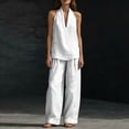 thumbnail image 4 of Sewkxo Womens Linen 2 Piece Sets Fashion Sleeveless V Neck Halter Top Matching Baggy Wide Leg Pants Set Summer Casual Outfits,White XL, 4 of 9