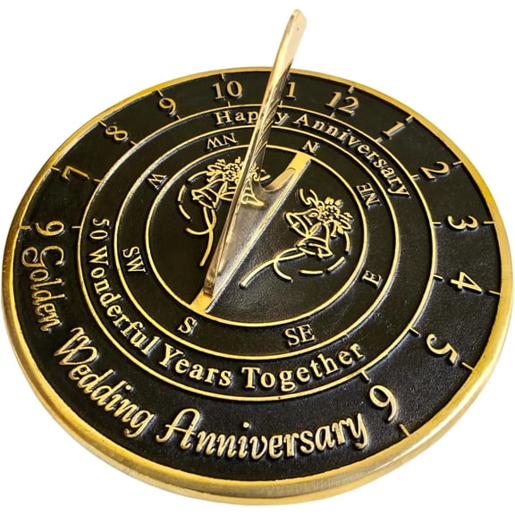 50th Golden Wedding Anniversary Sundial Gift Heavy Duty Brass Home Decor Or Garden Present Idea for Parents, Grandparents, Friends, Couples 50 Years Marriage (8 Inches)