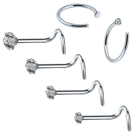 BodyJ4You 6PC Nose Screw Stud Hoop Ring 20G Surgical Steel CZ Nostril Girl Women Piercing Jewelry