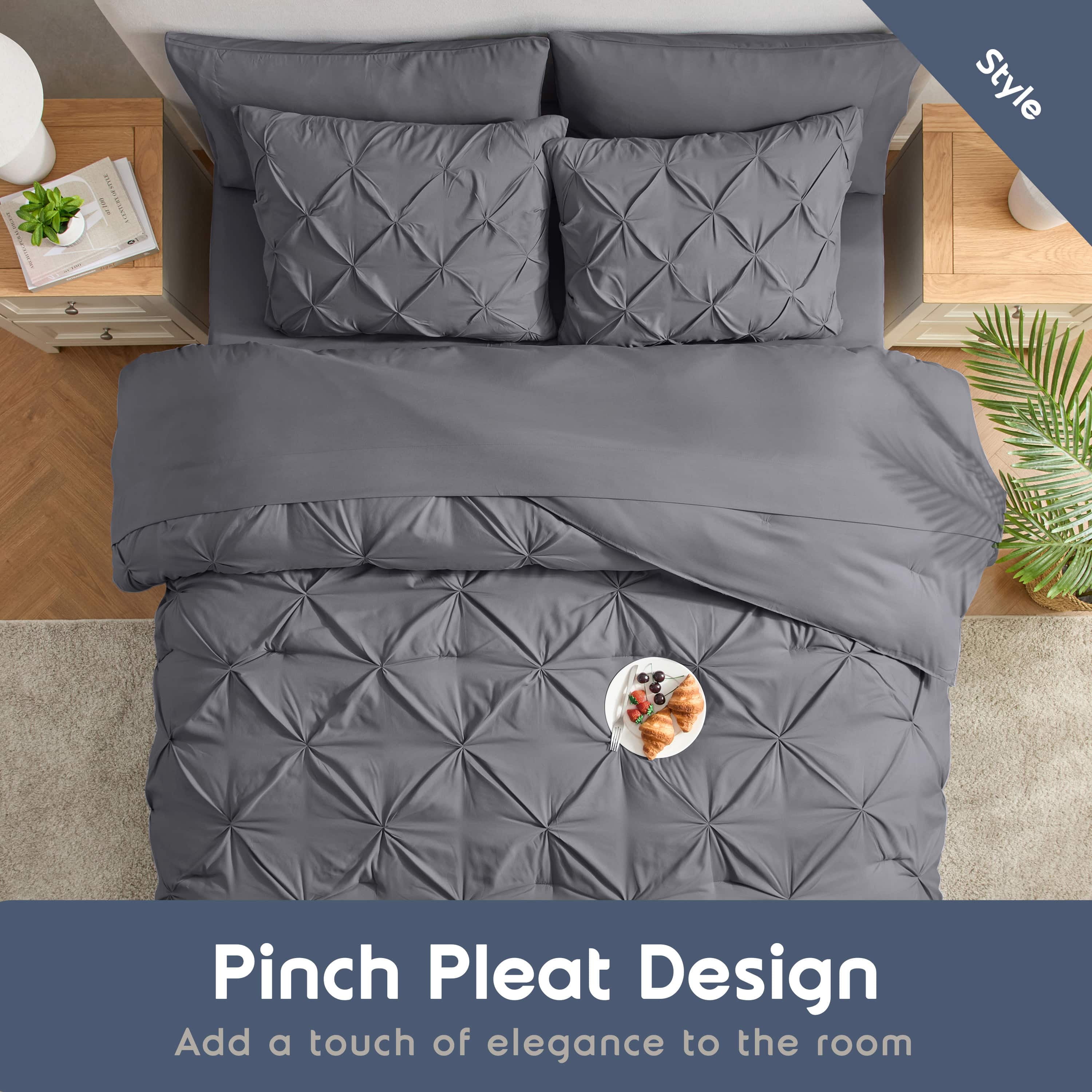LammaLoe Full Size Comforter Sets, 7 Piece Bed In A Bag Pintuck Bedding Sets, Dark Grey