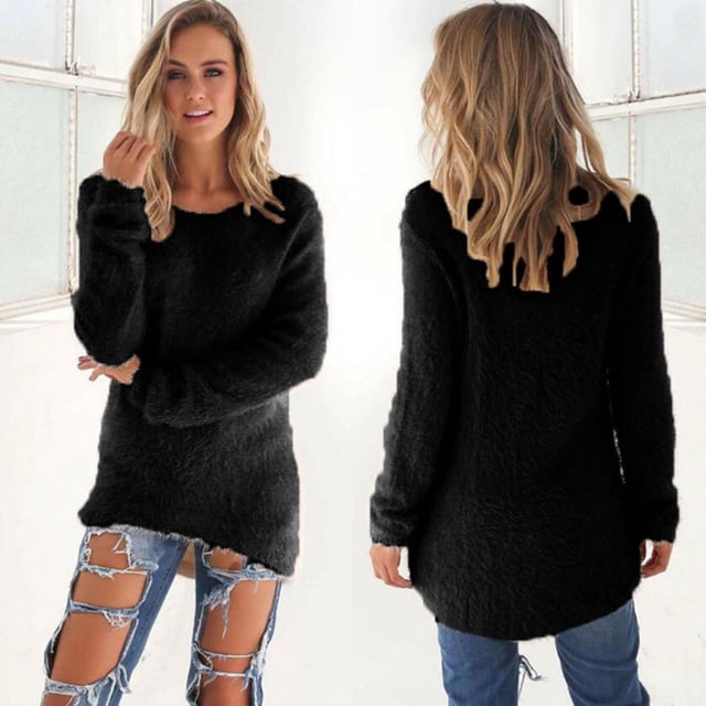 Jsaierl Women's Trendy Warm Sweaters Solid Color Long Sleeve Round Neck Pullovers Basic Loose Home Fluffy Fuzzy Jumper