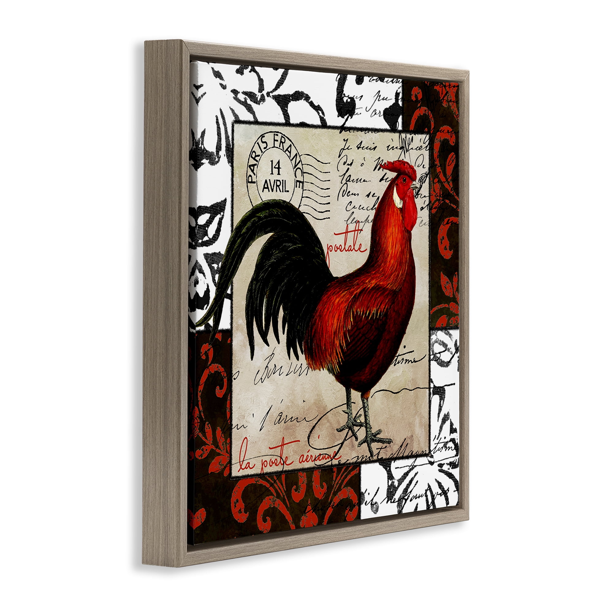 Stupell Industries Rooster & Vintage Post Animals Painting Brown Floater Framed Canvas Art Print Wall Art, 25 x 25