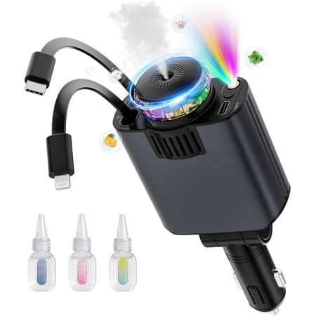 Retractable Car Charger with Aromatherapy and Starlight 5 in 1 USB C Car Charger for iPhone 16 15 14 13 12 11 Fast Charging Compatible with iPhone Android