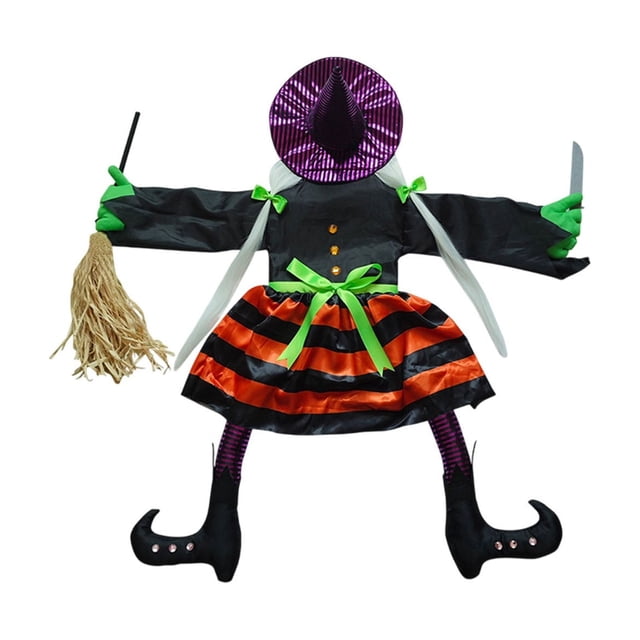38.58 Inch Tree Climbing Witch Decoration With Broom Black Cloth Prop For Outdoor Halloween Yard Displays