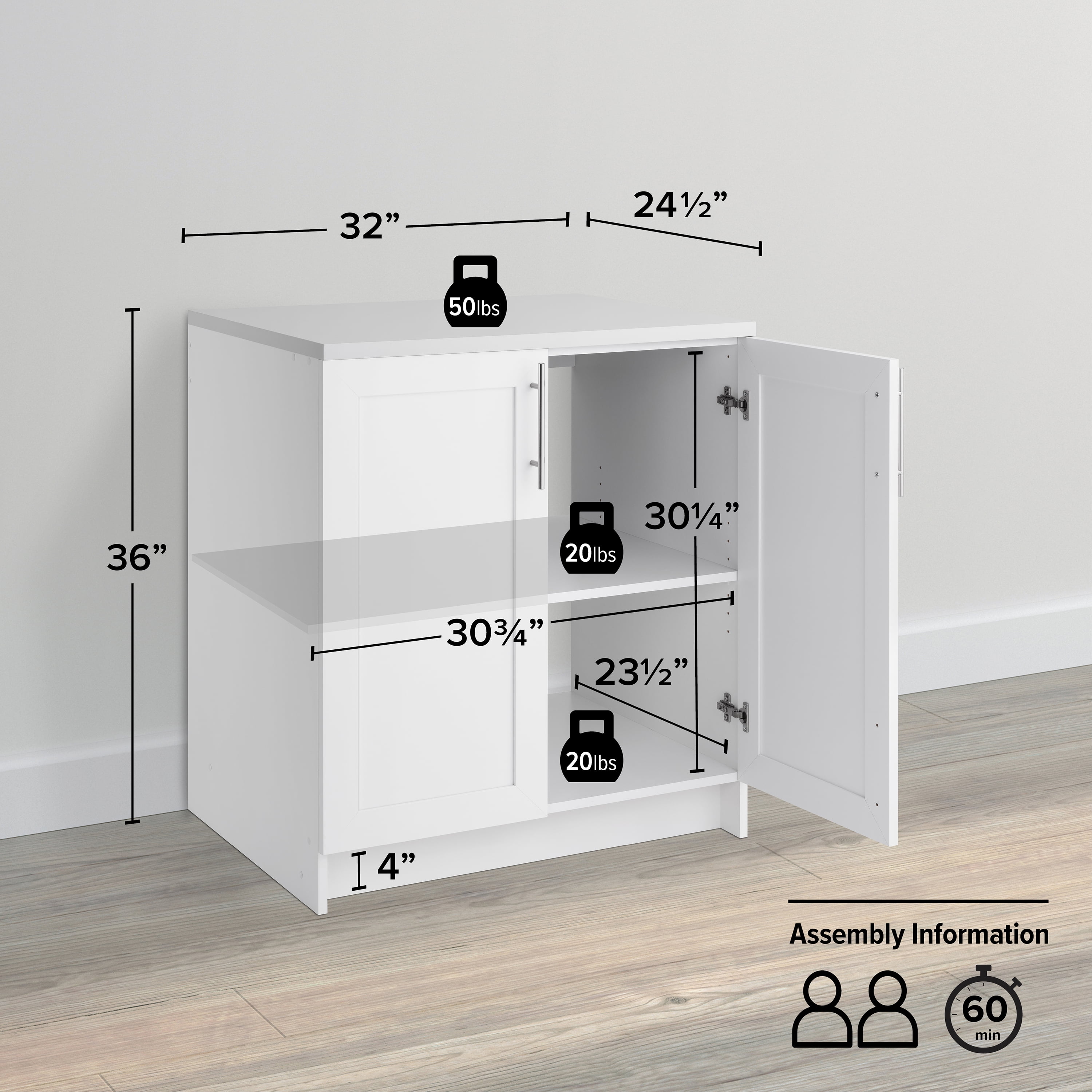 Prepac Elite 32" W Storage Cabinet with Panel Doors, White Storage Cabinet, Base Cabinet, Bathroom Cabinet with 1 Adjustable Shelf 24.5" D x 32" W x 36" H, WSCR-1005-1