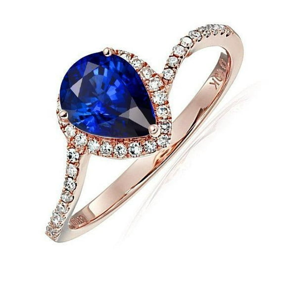 1.75 Carat Blue Sapphire 8x5mm Pear Cut Engagement Ring in 10k Rose Gold For Her