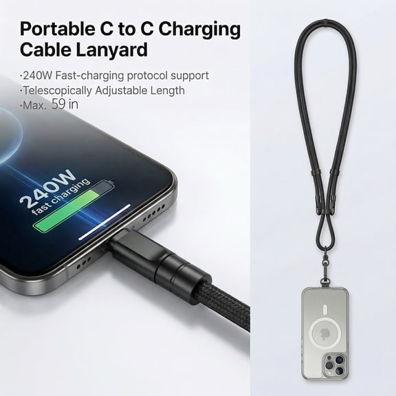2-in-1 Phone Lanyard Crossbody with Built-in USB C to USB C Charging Cable, PD 60W Fast Charging Data Cord, Universal Anti-Theft Neck Strap for iPhone 16 17 Pro Max, Samsung, Android, 4.9ft Black