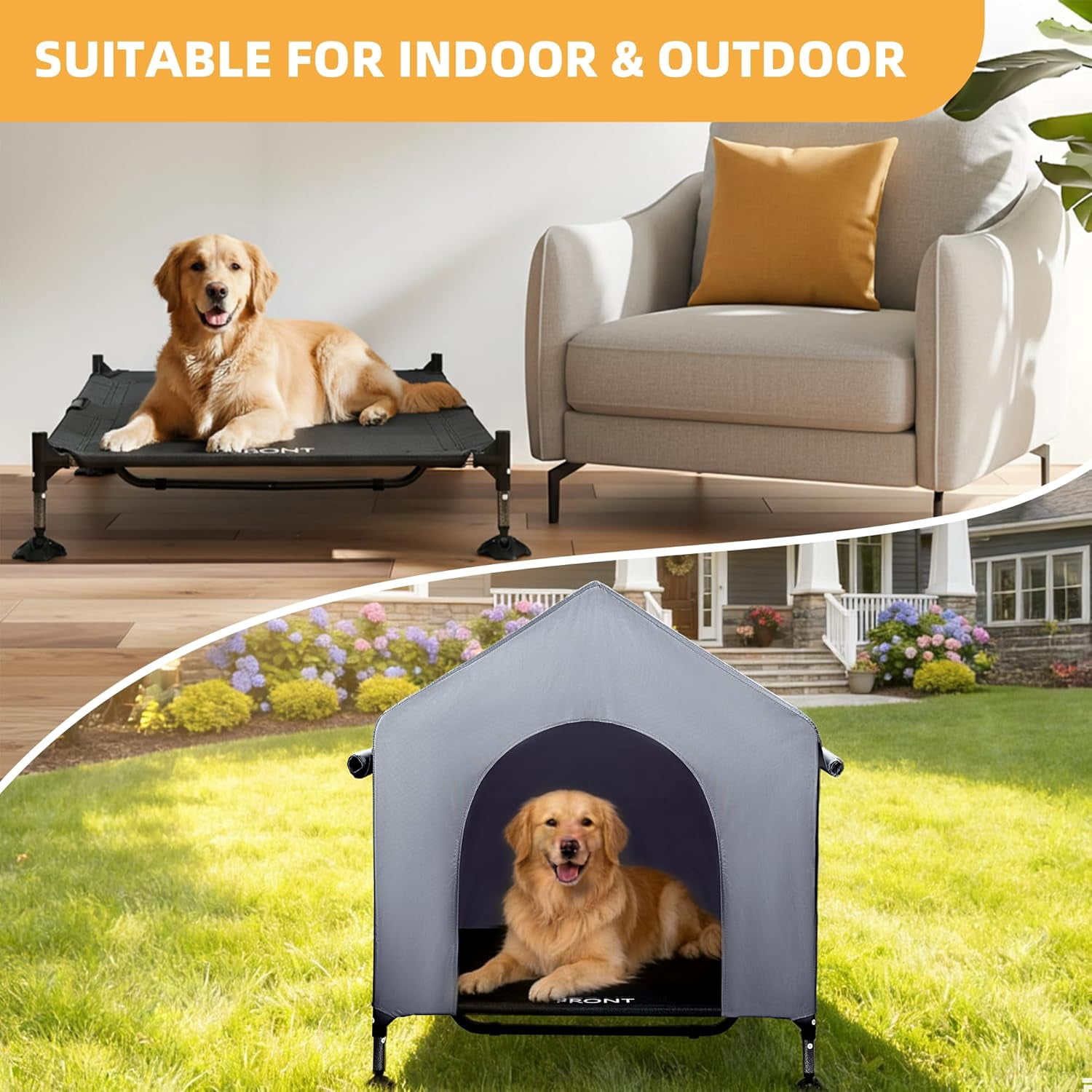 42" Dog House Outdoor Indoor with Breathable Mesh Windows, 2-in-1 Outside Dog House Elevated Dog Bed Cot Dog Tent Shade Shelter, Easy to Assemble & Clean (42 INCH)