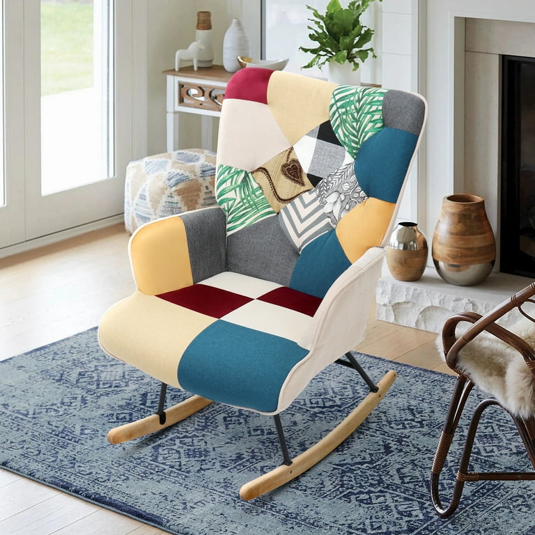 July S Rocking Chair Tufted Upholstered For Nursery Colorful Patchwork Armchair Comfy Wingback Glider Rocker With Safe Solid Wood